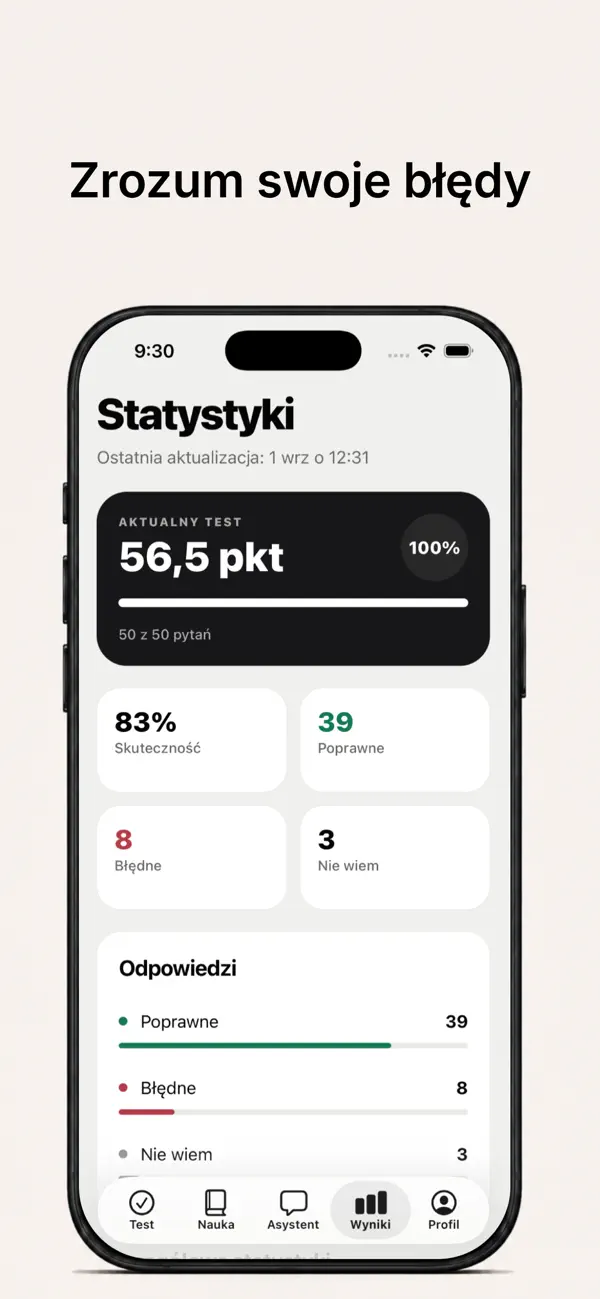 Statystyki w aplikacji: wynik testu, skuteczność i analiza odpowiedzi